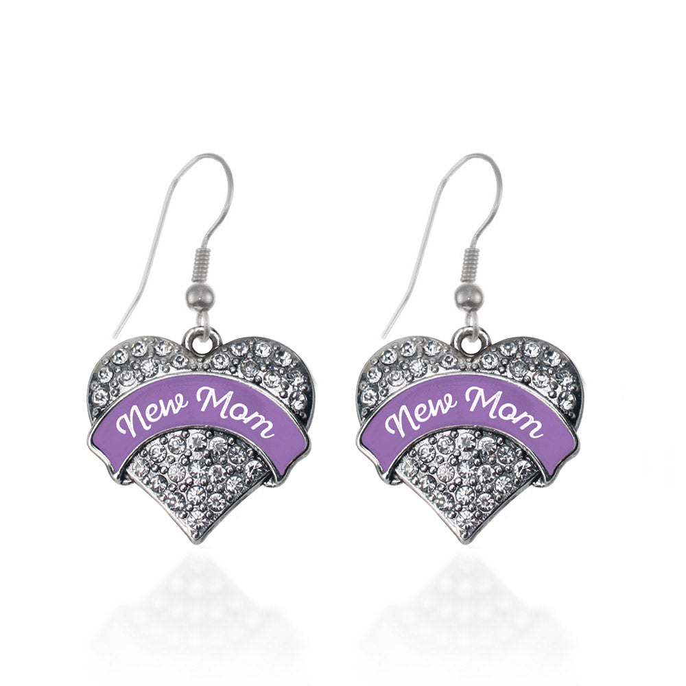 Silver Purple New Mom Pave Heart Charm Dangle Earrings