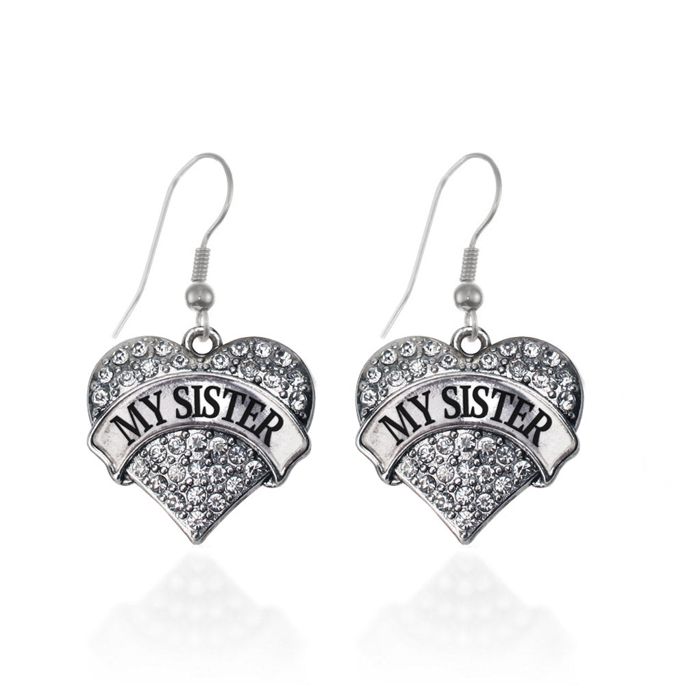Silver My Sister Pave Heart Charm Dangle Earrings