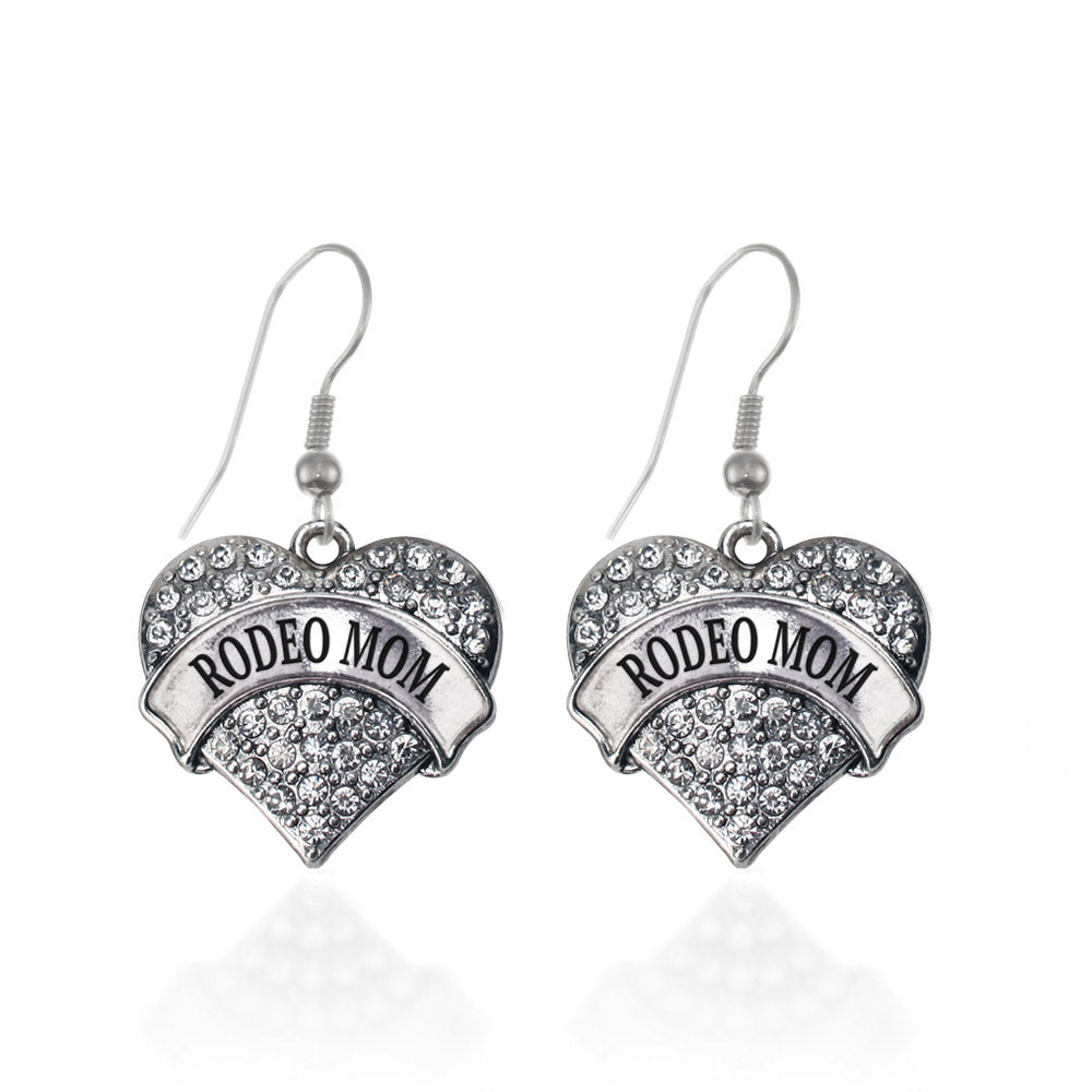 Silver Rodeo Mom Pave Heart Charm Dangle Earrings