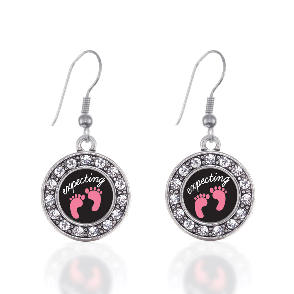 Silver Expecting A Girl Footprints Circle Charm Dangle Earrings