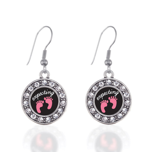 Silver Expecting A Girl Footprints Circle Charm Dangle Earrings