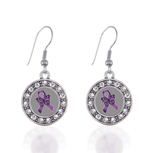 Silver Fibromyalgia Awareness Circle Charm Dangle Earrings
