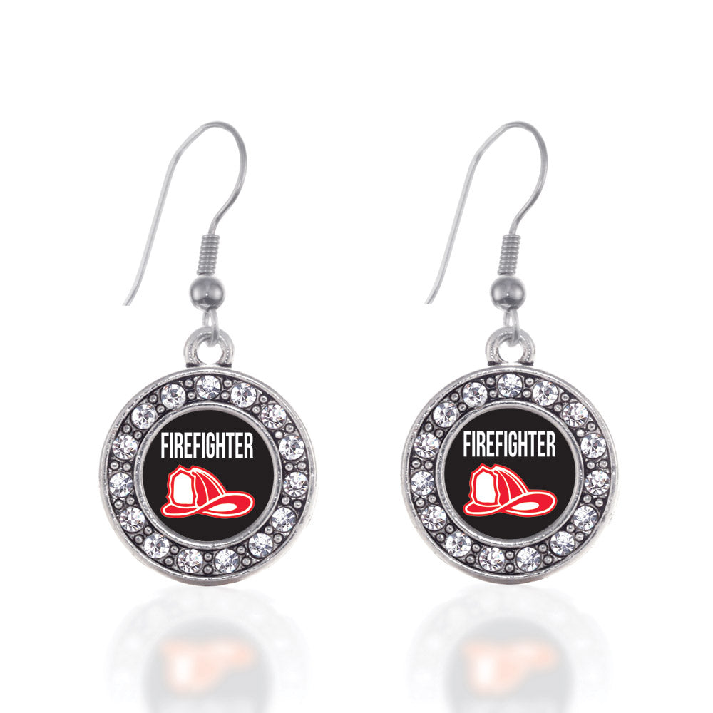 Silver Firefighter Circle Charm Dangle Earrings