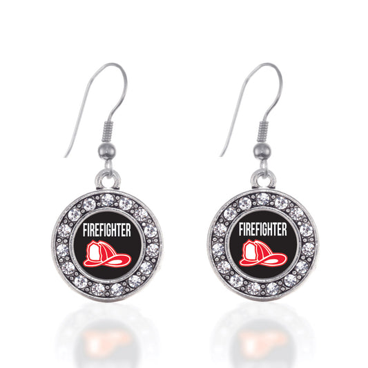 Silver Firefighter Circle Charm Dangle Earrings