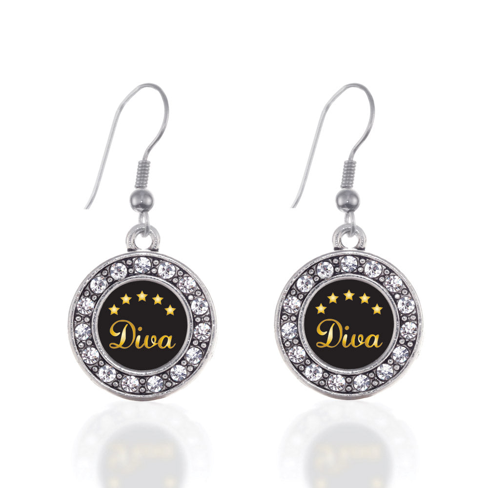 Silver Five Star Diva Circle Charm Dangle Earrings