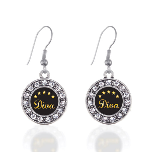 Silver Five Star Diva Circle Charm Dangle Earrings