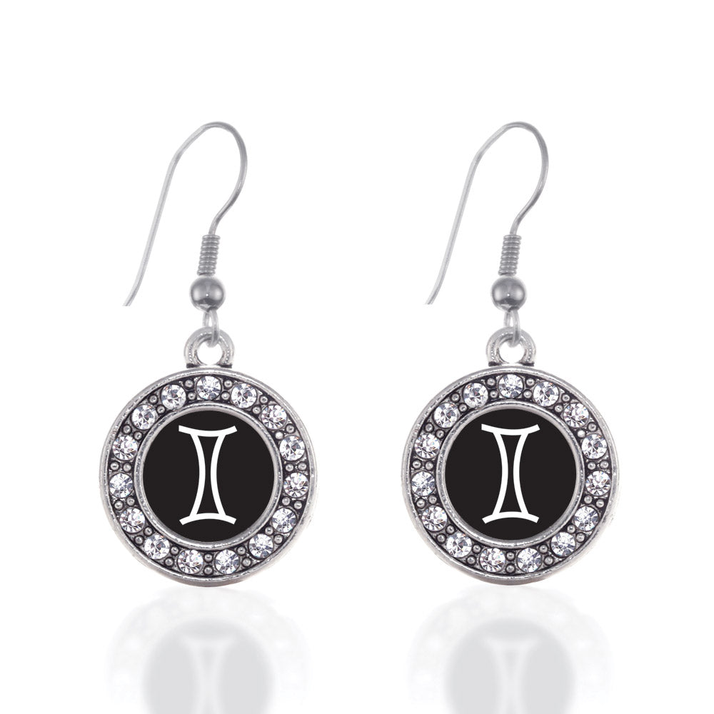 Silver Gemini Zodiac Circle Charm Dangle Earrings