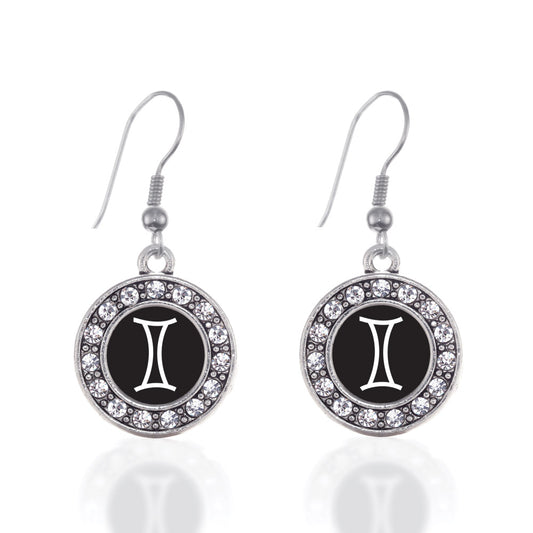 Silver Gemini Zodiac Circle Charm Dangle Earrings