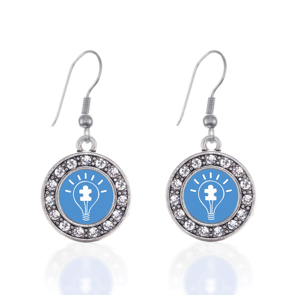 Silver Light Bulb Autism Awareness Circle Charm Dangle Earrings