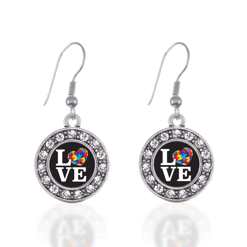 Silver Love Autism Awareness Circle Charm Dangle Earrings