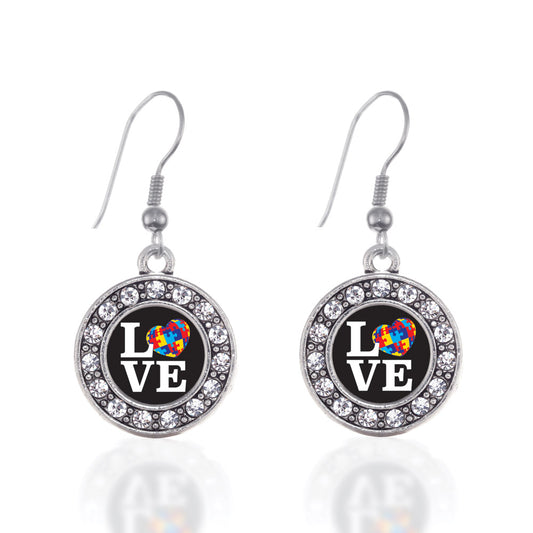 Silver Love Autism Awareness Circle Charm Dangle Earrings