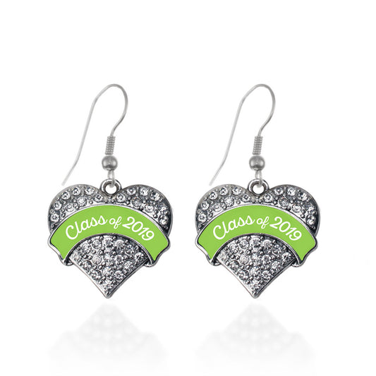 Silver Class of 2019 - Lime Green Pave Heart Charm Dangle Earrings