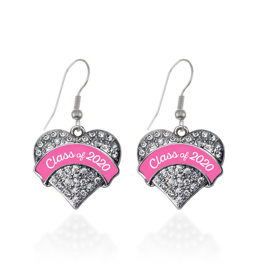 Silver Class of 2020 - Pink Pave Heart Charm Dangle Earrings