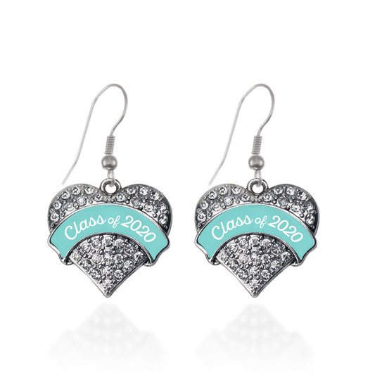 Silver Class of 2020 - Teal Pave Heart Charm Dangle Earrings