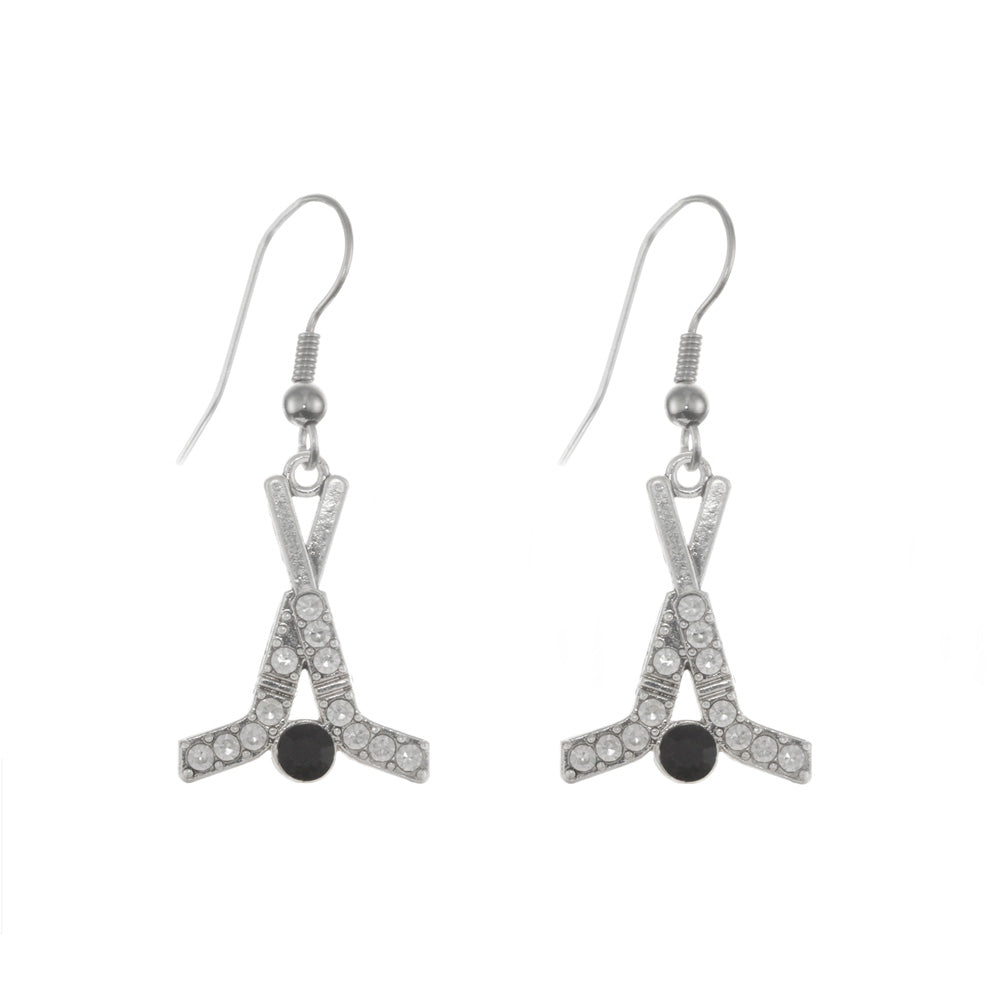 Silver Hockey Sticks & Puck Charm Dangle Earrings