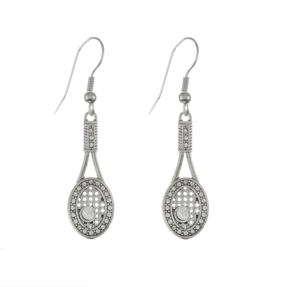 Silver Tennis Racket Charm Dangle Earrings
