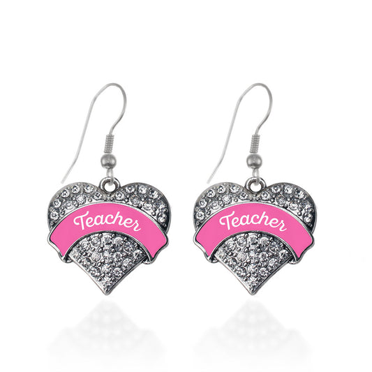 Silver Pink Teacher Pave Heart Charm Dangle Earrings