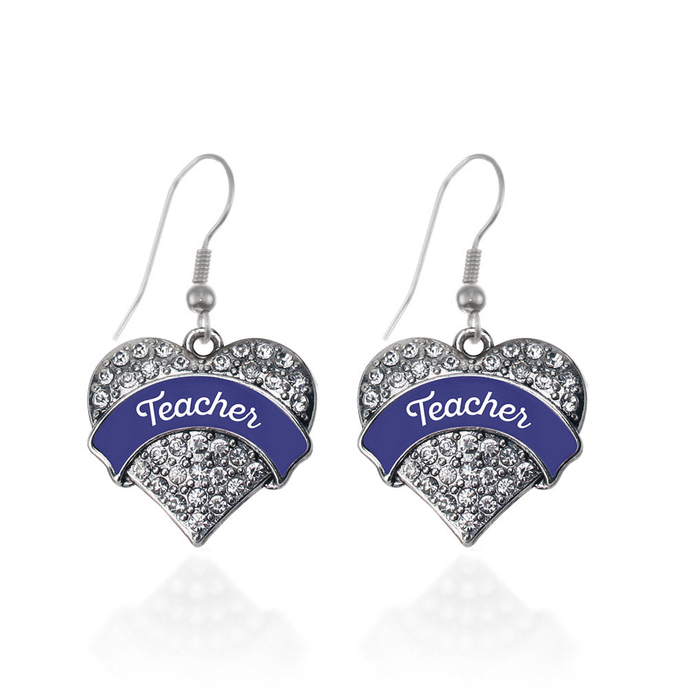 Silver Navy Blue Teacher Pave Heart Charm Dangle Earrings