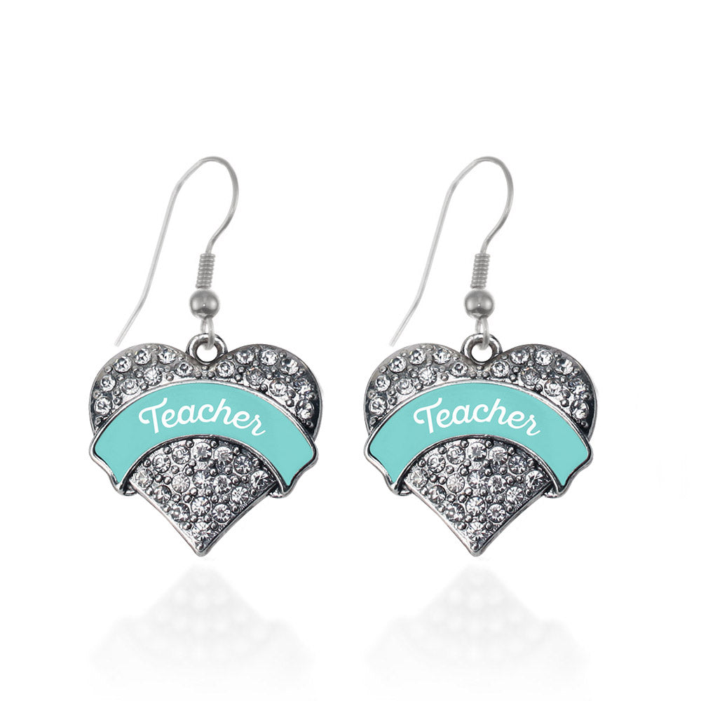 Silver Teal Teacher Pave Heart Charm Dangle Earrings