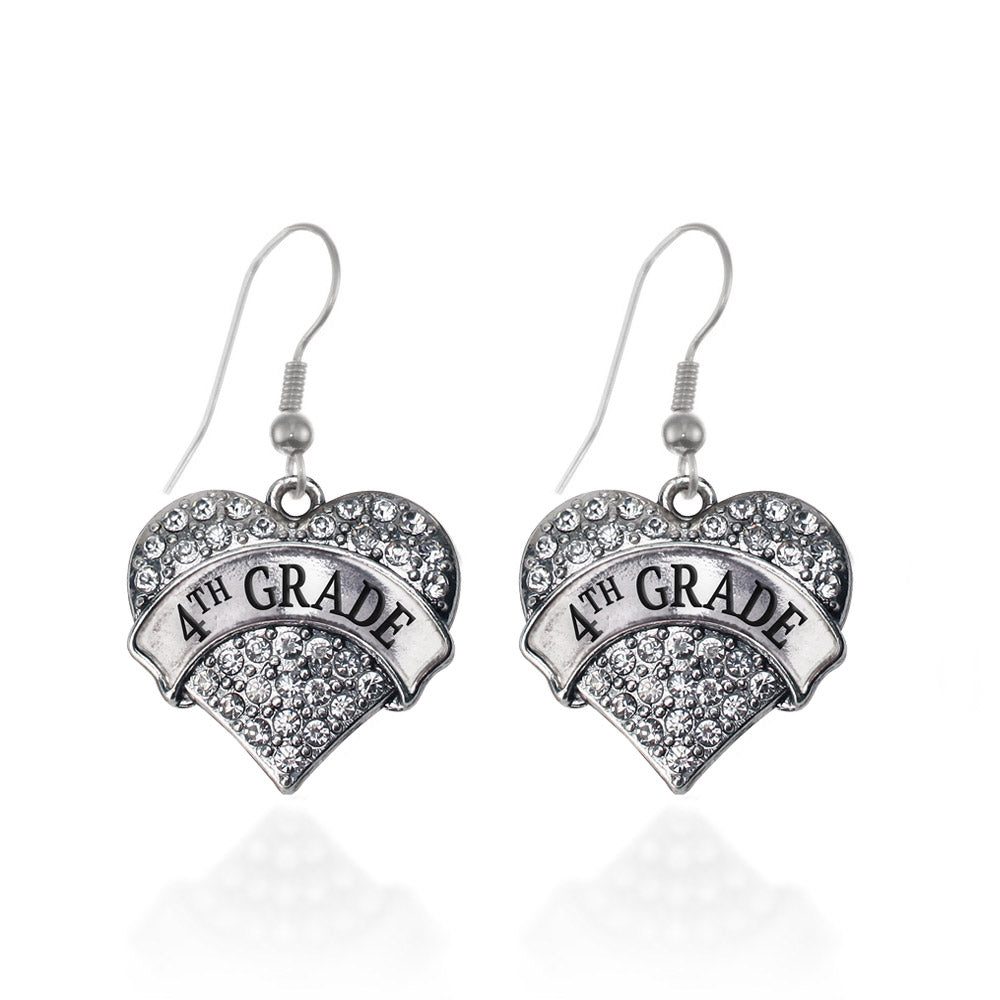 Silver 4th Grade Pave Heart Charm Dangle Earrings