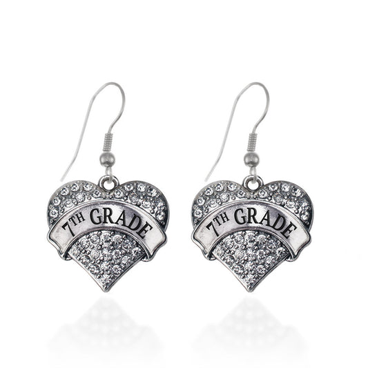 Silver 7th Grade Pave Heart Charm Dangle Earrings