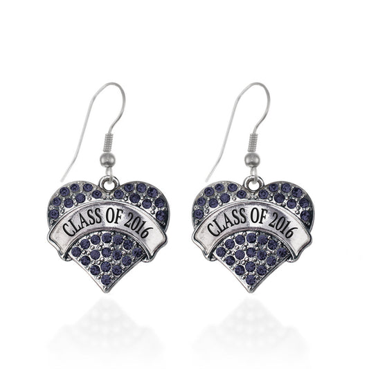 Silver Class of 2016 Navy Blue Pave Heart Charm Dangle Earrings