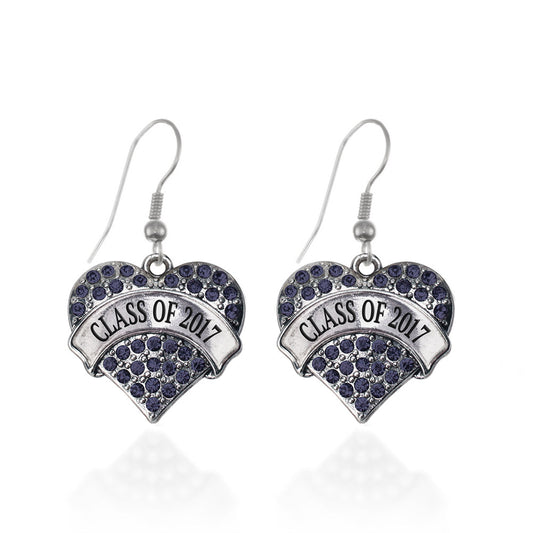 Silver Class of 2017 Navy Blue Pave Heart Charm Dangle Earrings