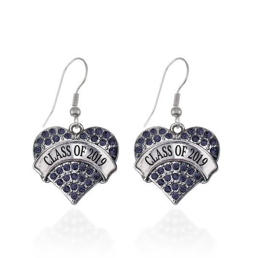 Silver Class of 2019 Navy Blue Pave Heart Charm Dangle Earrings