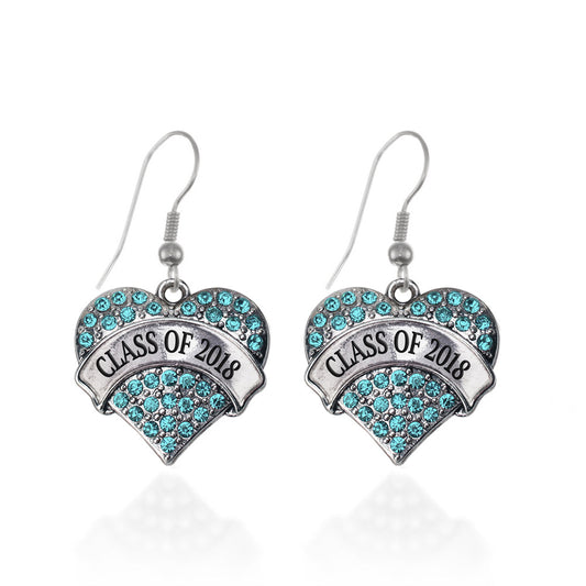 Silver Class of 2018 Aqua Aqua Pave Heart Charm Dangle Earrings