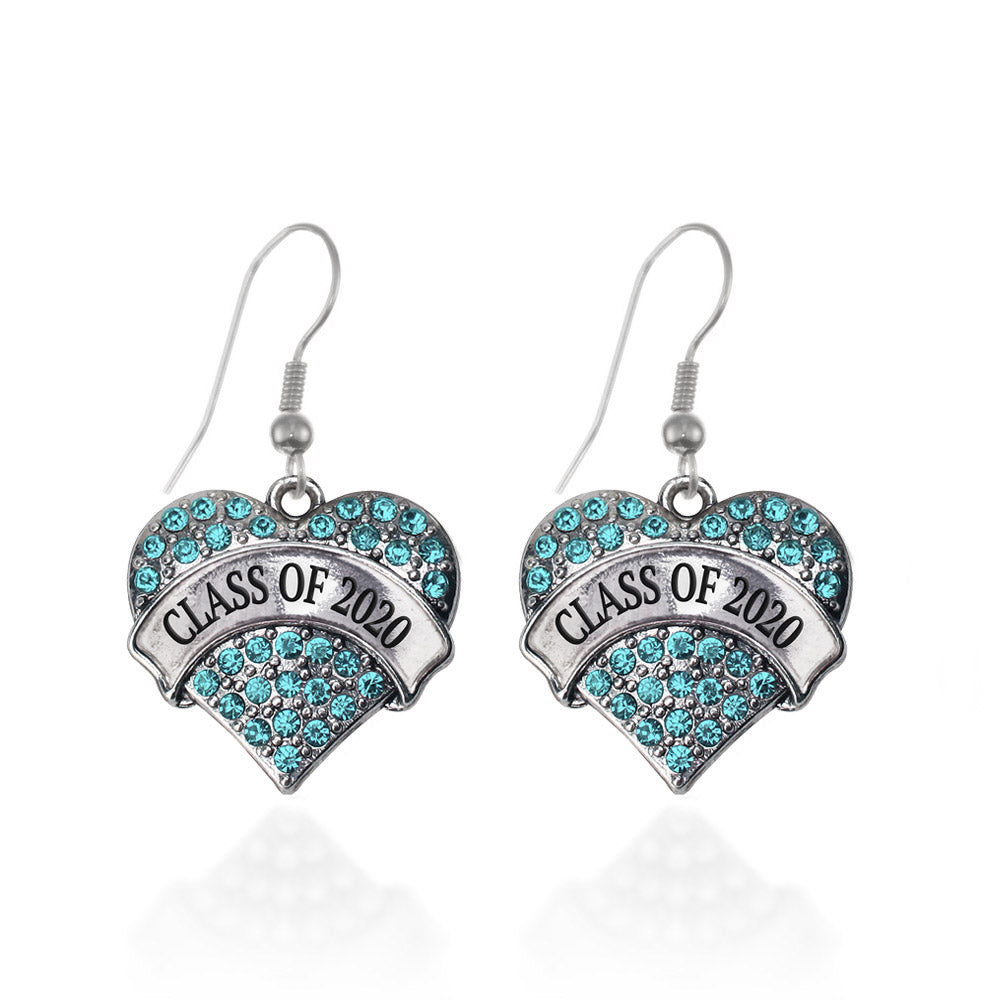 Silver Class of 2020 Aqua Aqua Pave Heart Charm Dangle Earrings