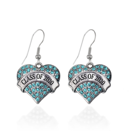 Silver Class of 2020 Aqua Aqua Pave Heart Charm Dangle Earrings