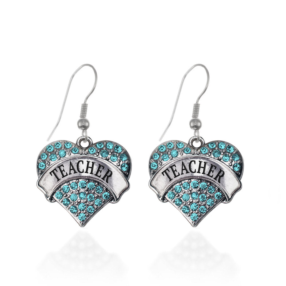 Silver Teacher Aqua Aqua Pave Heart Charm Dangle Earrings