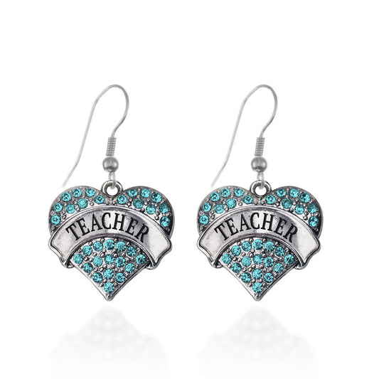Silver Teacher Aqua Aqua Pave Heart Charm Dangle Earrings