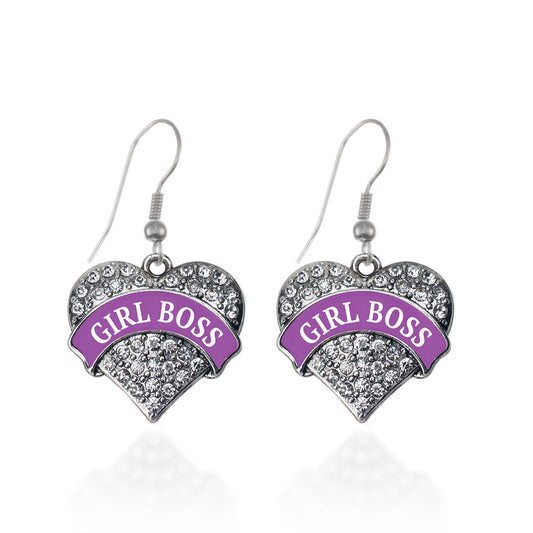 Silver Purple Girl Boss Pave Heart Charm Dangle Earrings