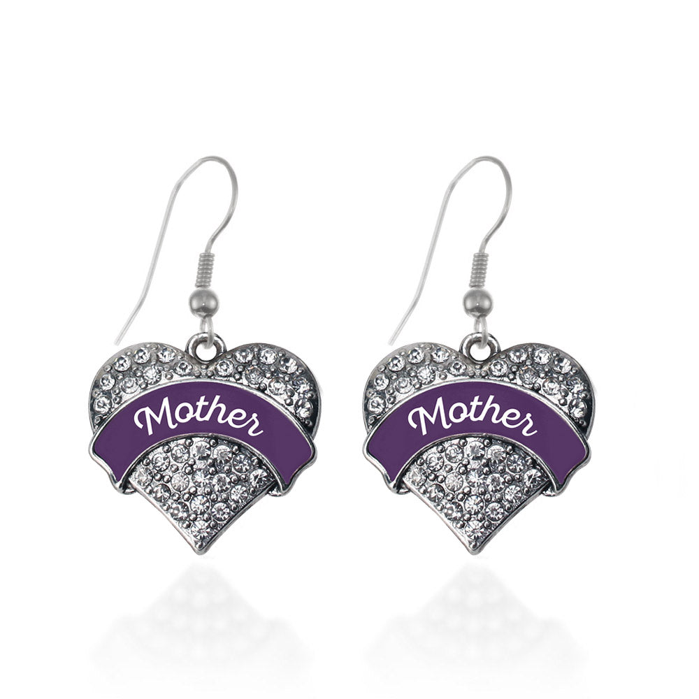 Silver Plum Mother Pave Heart Charm Dangle Earrings