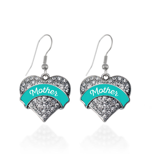 Silver Teal Mother Pave Heart Charm Dangle Earrings