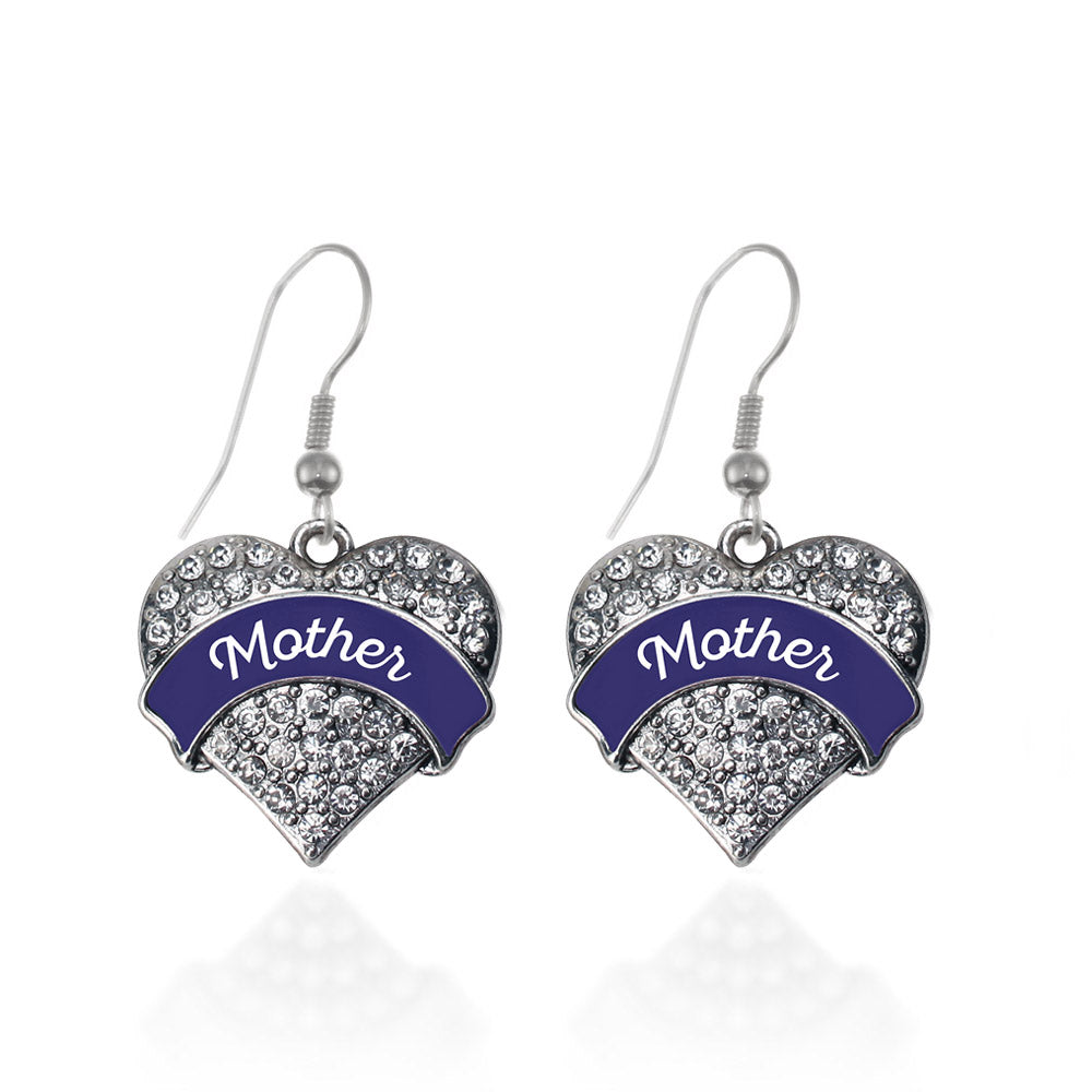 Silver Navy Blue Mother Pave Heart Charm Dangle Earrings