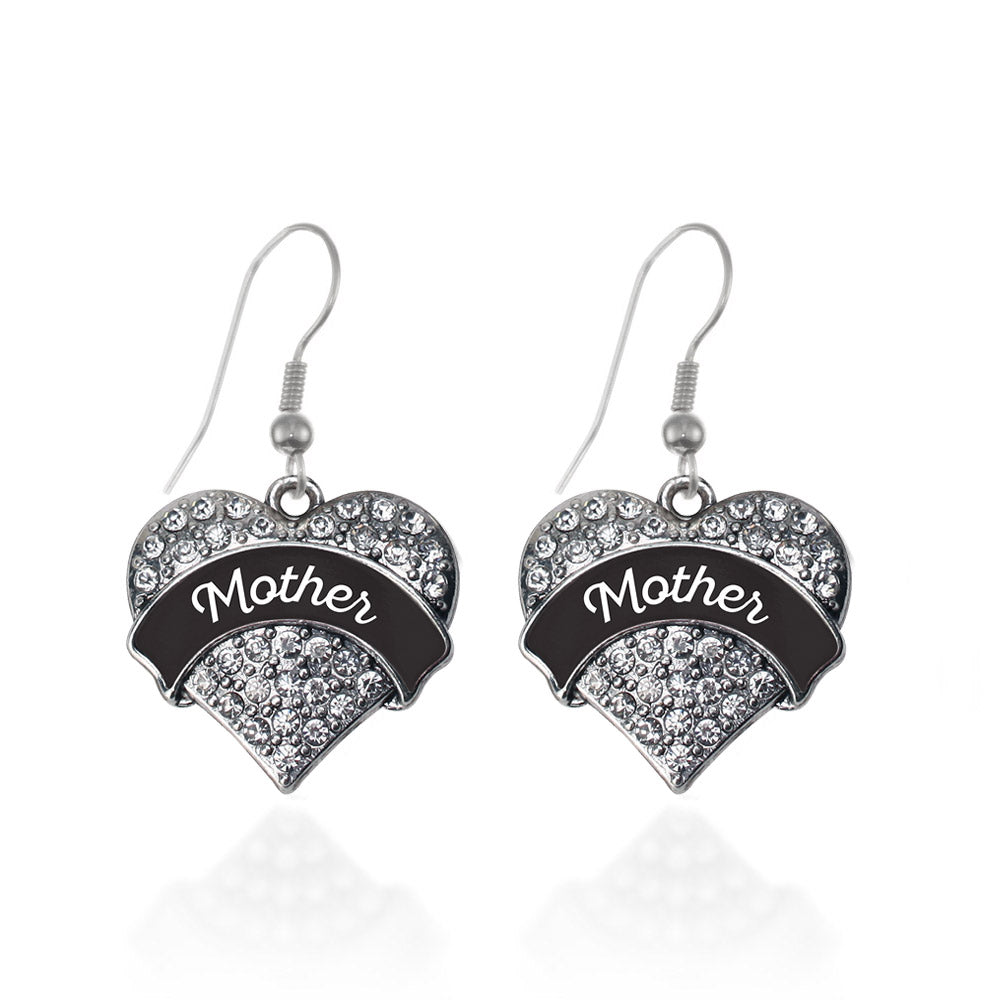 Silver Black and White Mother Pave Heart Charm Dangle Earrings