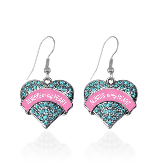 Silver Always in my Heart Pregnancy & Infant Loss Support Aqua Aqua Pave Heart Charm Dangle Earrings