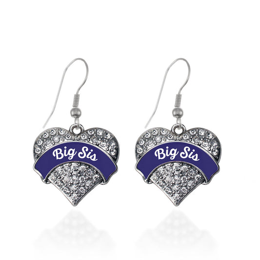 Silver Navy Blue Big Sister Pave Heart Charm Dangle Earrings