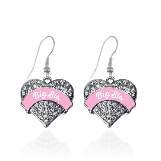 Silver Pink Big Sister Pave Heart Charm Dangle Earrings