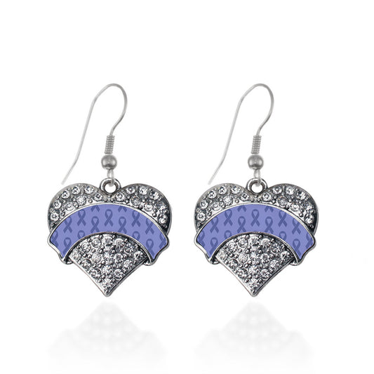 Silver Periwinkle Ribbon Support Pave Heart Charm Dangle Earrings