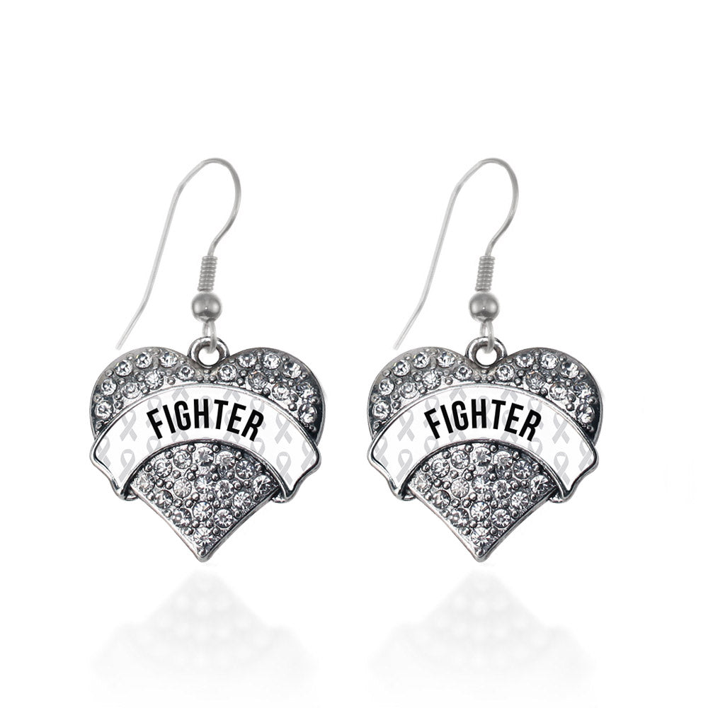 Silver White Fighter Pave Heart Charm Dangle Earrings