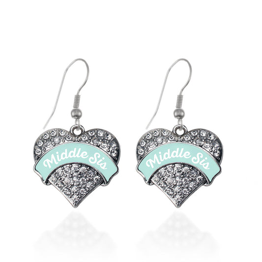 Silver Mint Middle Sister Pave Heart Charm Dangle Earrings