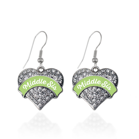 Silver Sage Green Middle Sister Pave Heart Charm Dangle Earrings