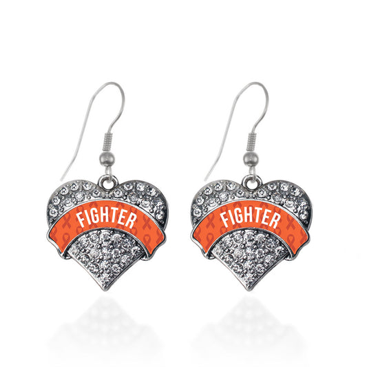 Silver Orange Fighter Pave Heart Charm Dangle Earrings