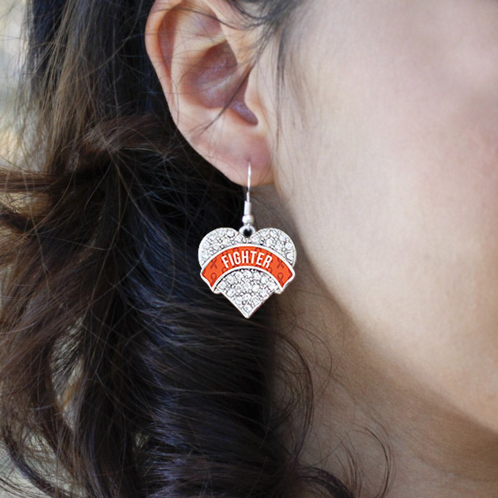 Silver Orange Fighter Pave Heart Charm Dangle Earrings