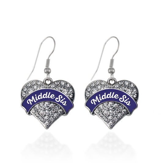 Silver Navy Blue Middle Sister Pave Heart Charm Dangle Earrings