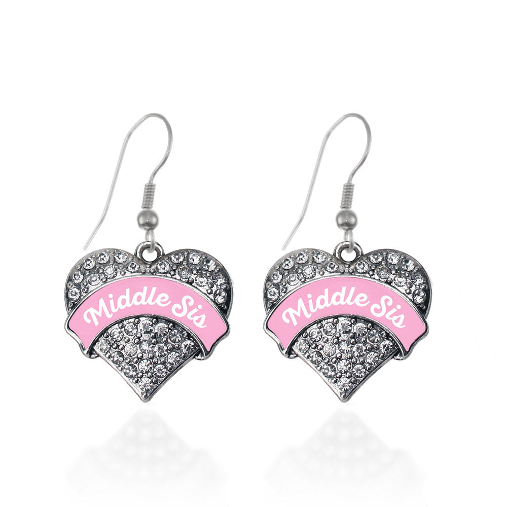 Silver Pink Middle Sister Pave Heart Charm Dangle Earrings