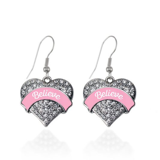Silver Pink Script Believe Breast Cancer Support Pave Heart Charm Dangle Earrings